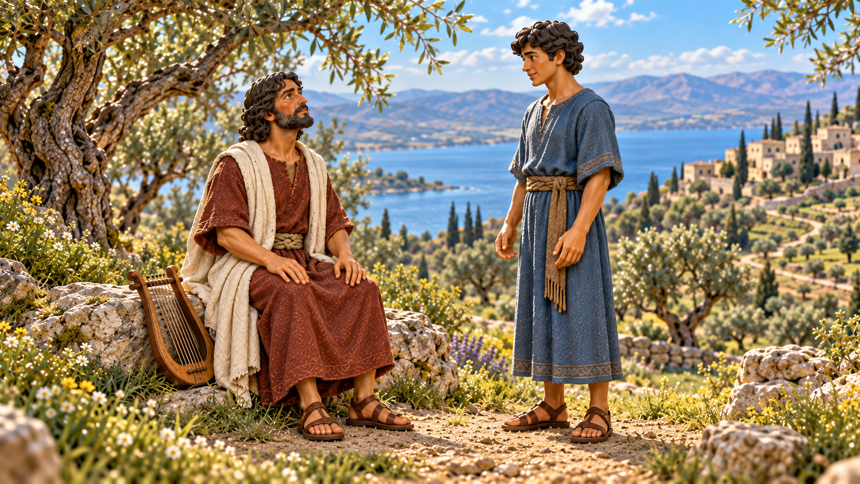 David and a young listener beneath olive trees overlooking a lake.