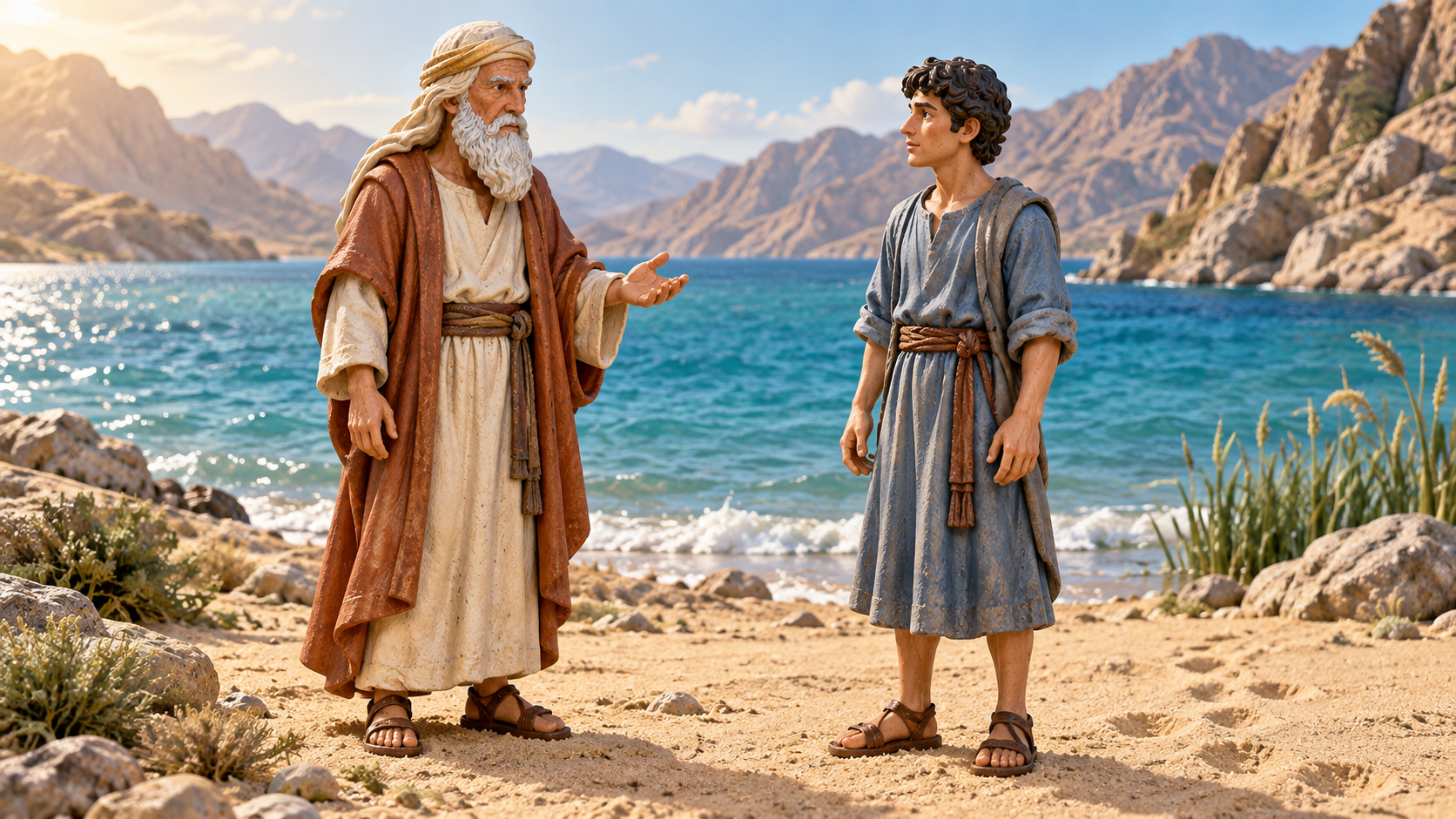 Moses and a young listener beside the sea. Illustrated with hand-painted figurines.