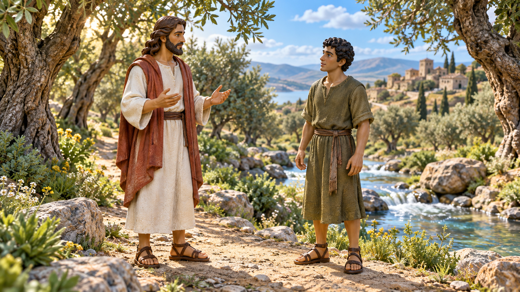 David and a companion stand by a valley path in warm morning light. Illustrated with hand-painted figurines.