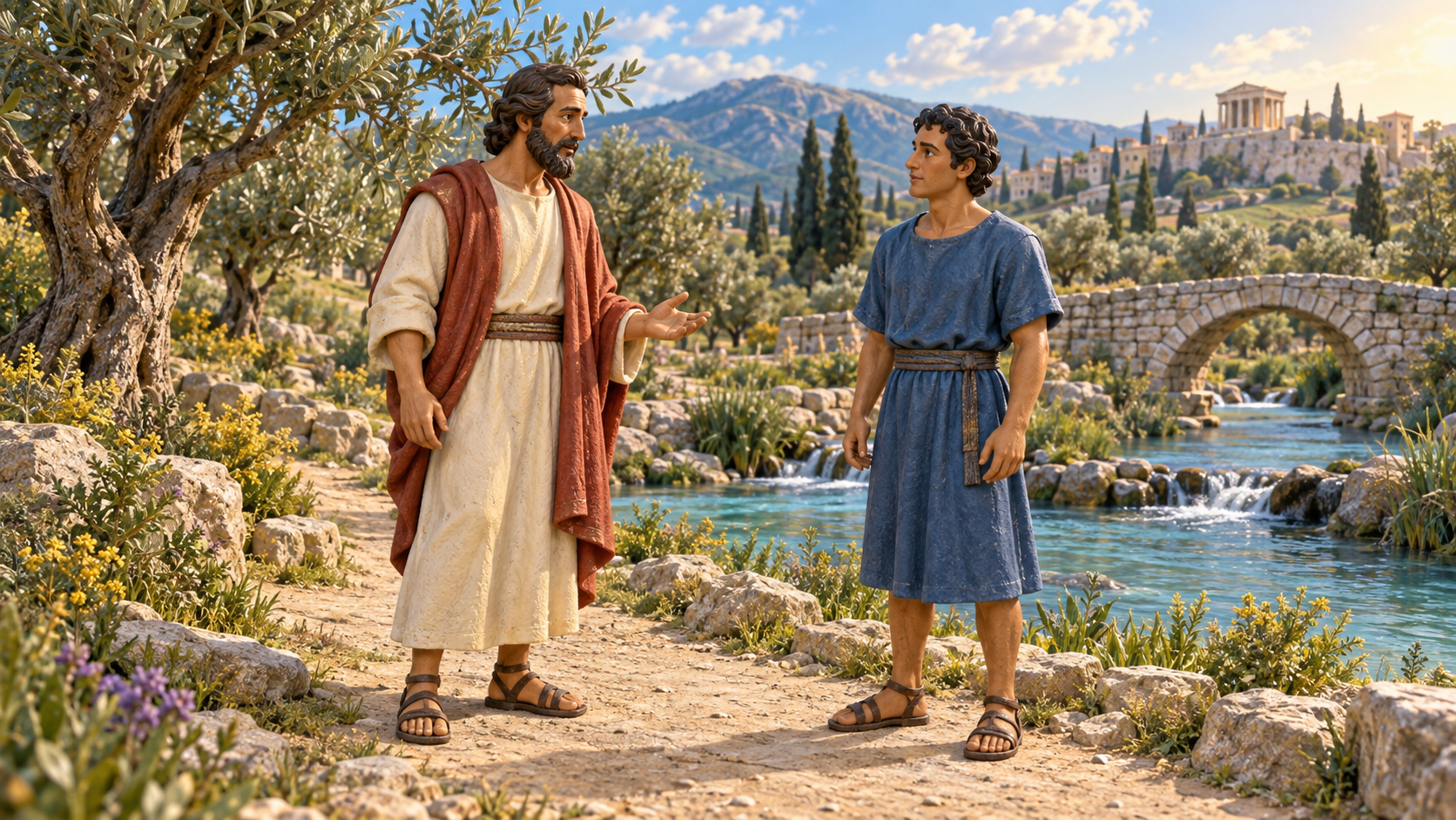 Paul and a young believer discuss the passage beside a stream. Illustrated with hand-painted figurines.