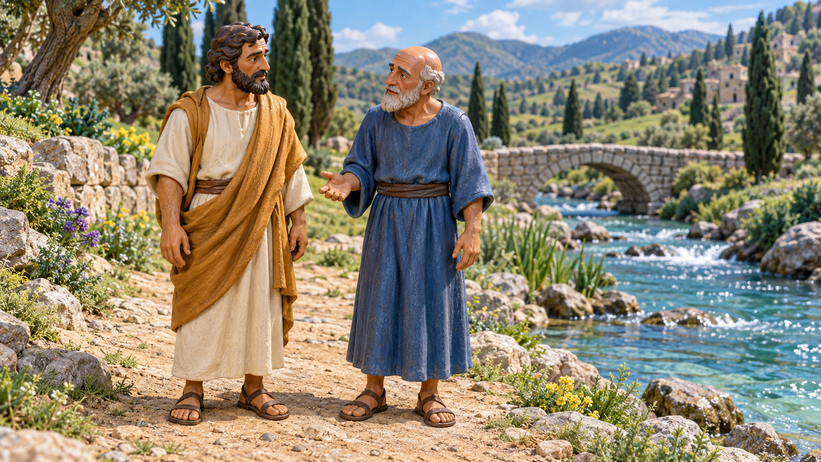 Peter and an older man converse beside a stream. Illustrated with hand-painted figurines.