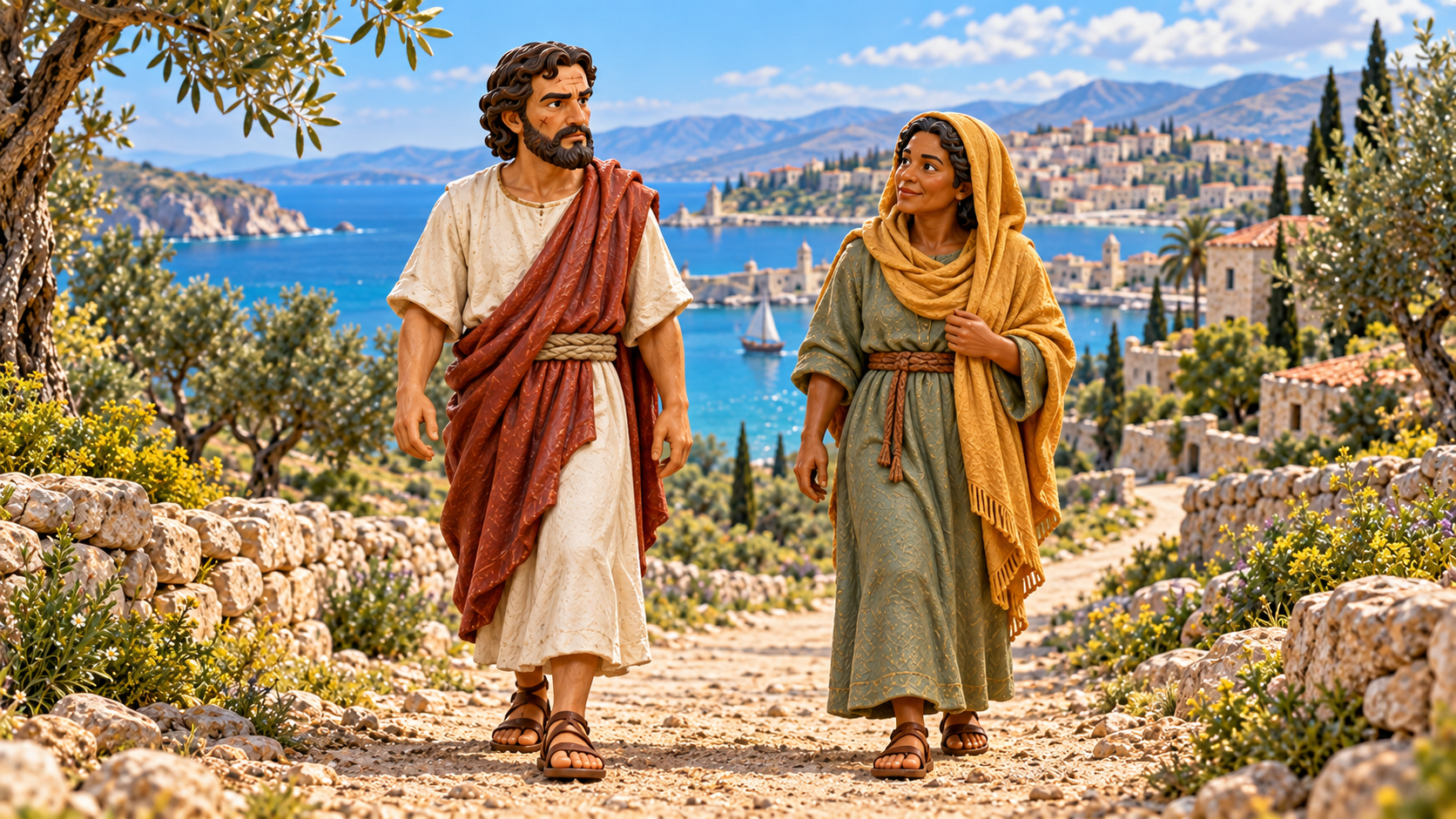 Paul and a female believer follow a coastal road. Illustrated with hand-painted figurines.