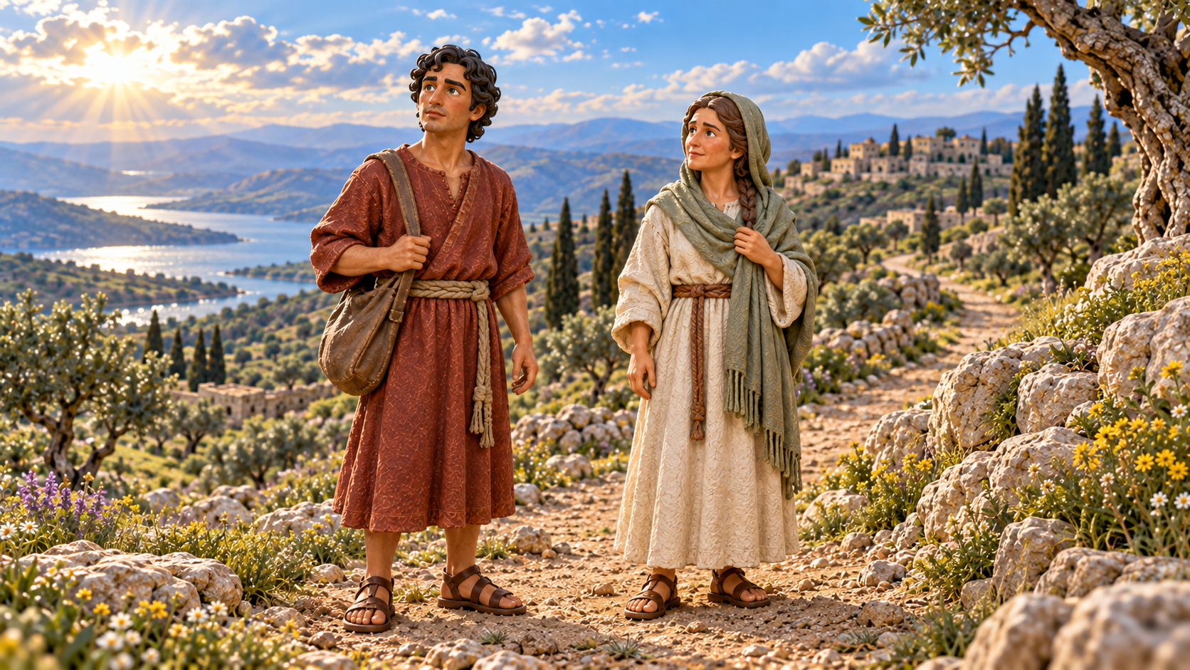 Two travelers find their footing on a rough highland road. Illustrated with hand-painted figurines.