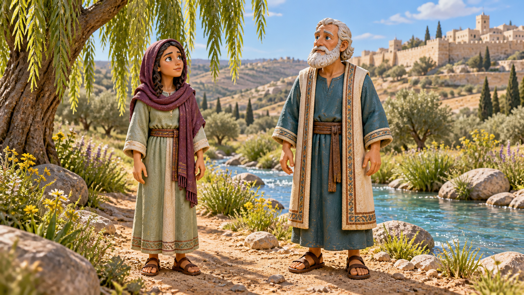 Zechariah and a companion overlooking a peaceful valley. Illustrated with hand-painted figurines.