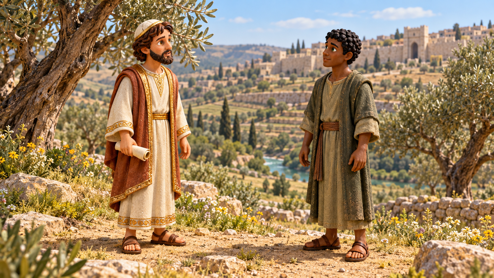Zechariah speaks with a returning Judean beside an olive tree. Illustrated with hand-painted figurines.
