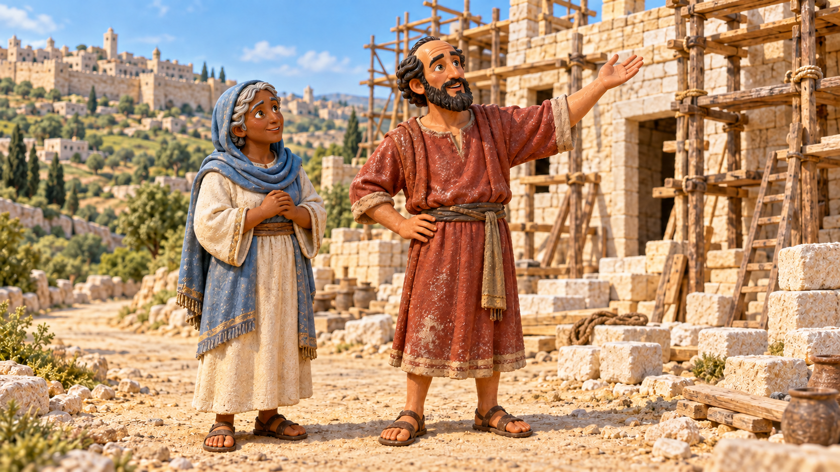 Two Judeans stand beside Jerusalem’s rebuilding work. Illustrated with hand-painted figurines.
