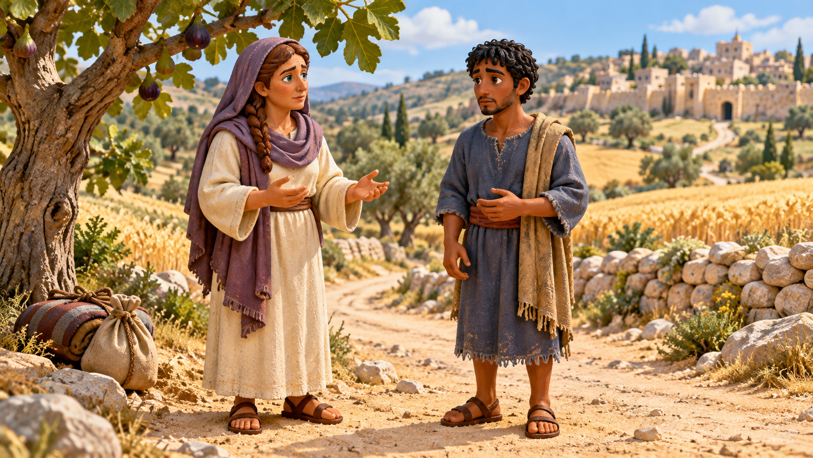 Zechariah listens to a worried member of the returning community. Illustrated with hand-painted figurines.