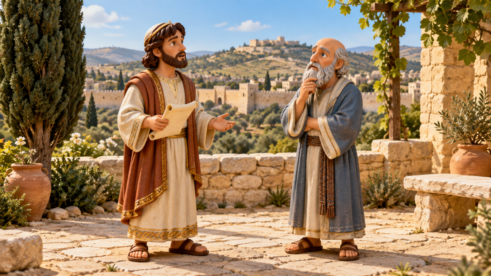 Two readers consider a scroll in an open courtyard. Illustrated with hand-painted figurines.