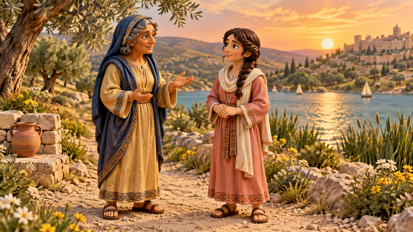 Neighbors offer practical care on a Jerusalem path. Illustrated with hand-painted figurines.