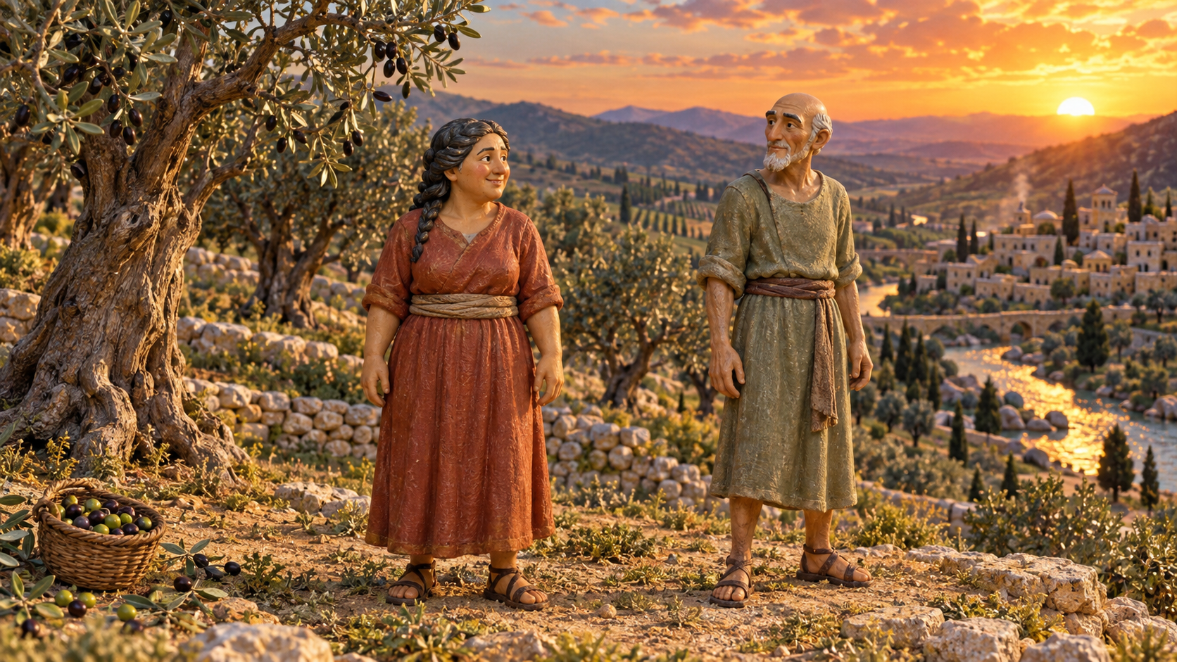A woman and an elder consider a day’s work in an orchard. Illustrated with hand-painted figurines.
