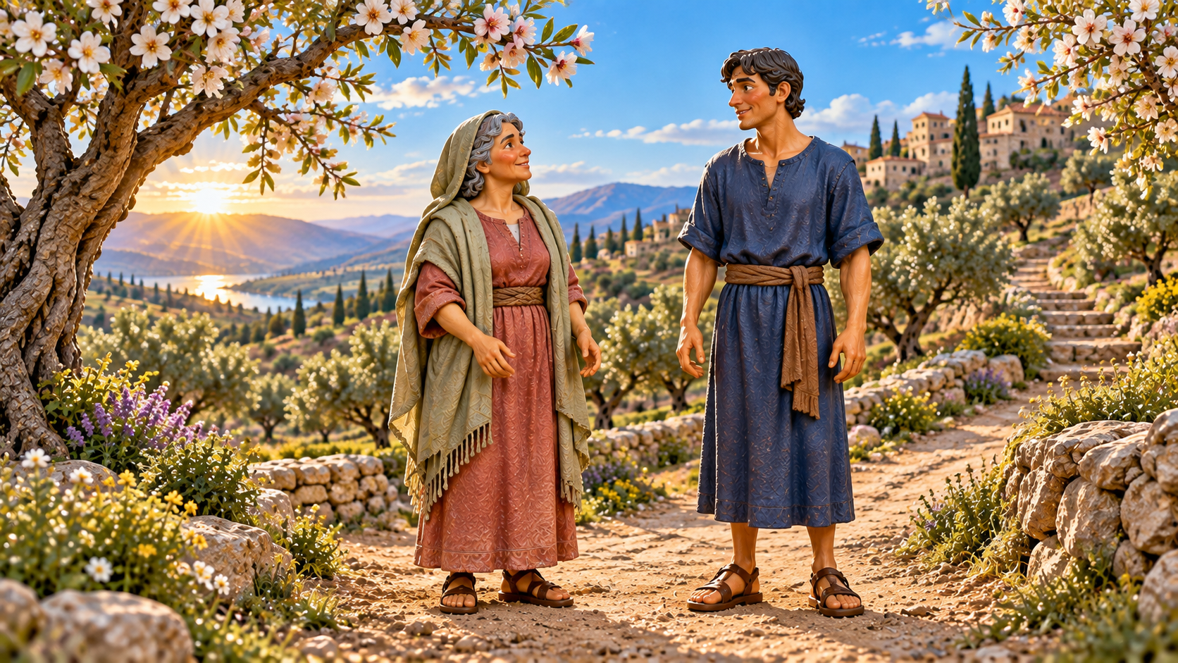 A mature woman and a young man pause beside a simple standard on an almond-grove path. Illustrated with hand-painted figurines.