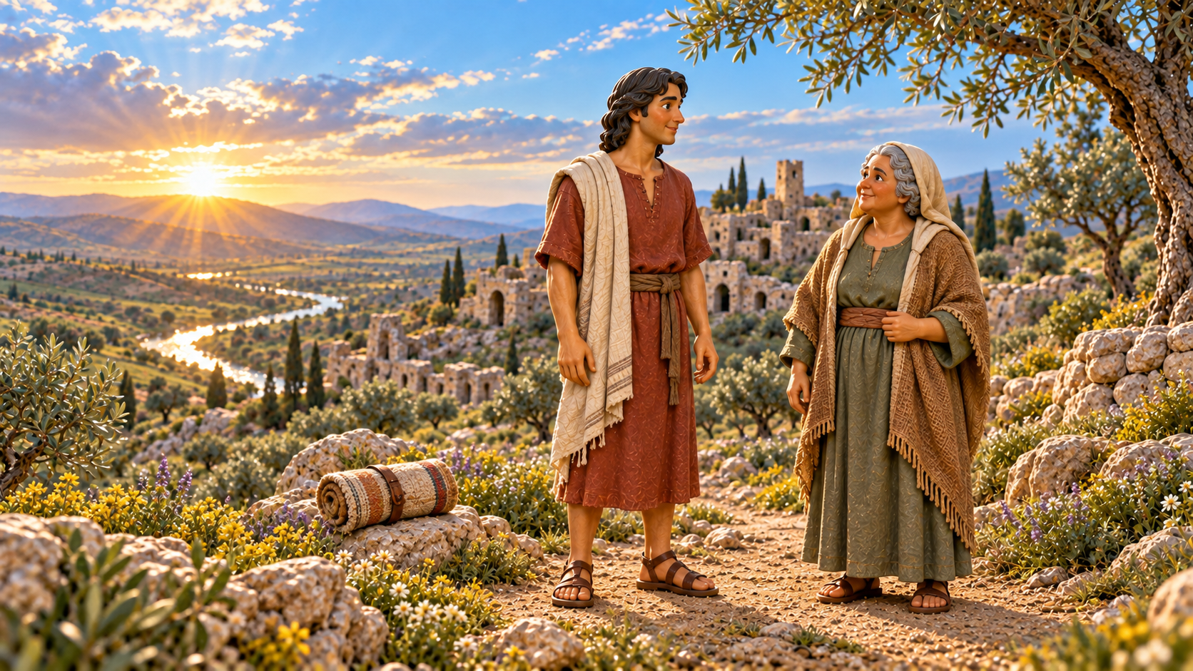Two survivors pause on an open road above a damaged Judean settlement. Illustrated with hand-painted figurines.