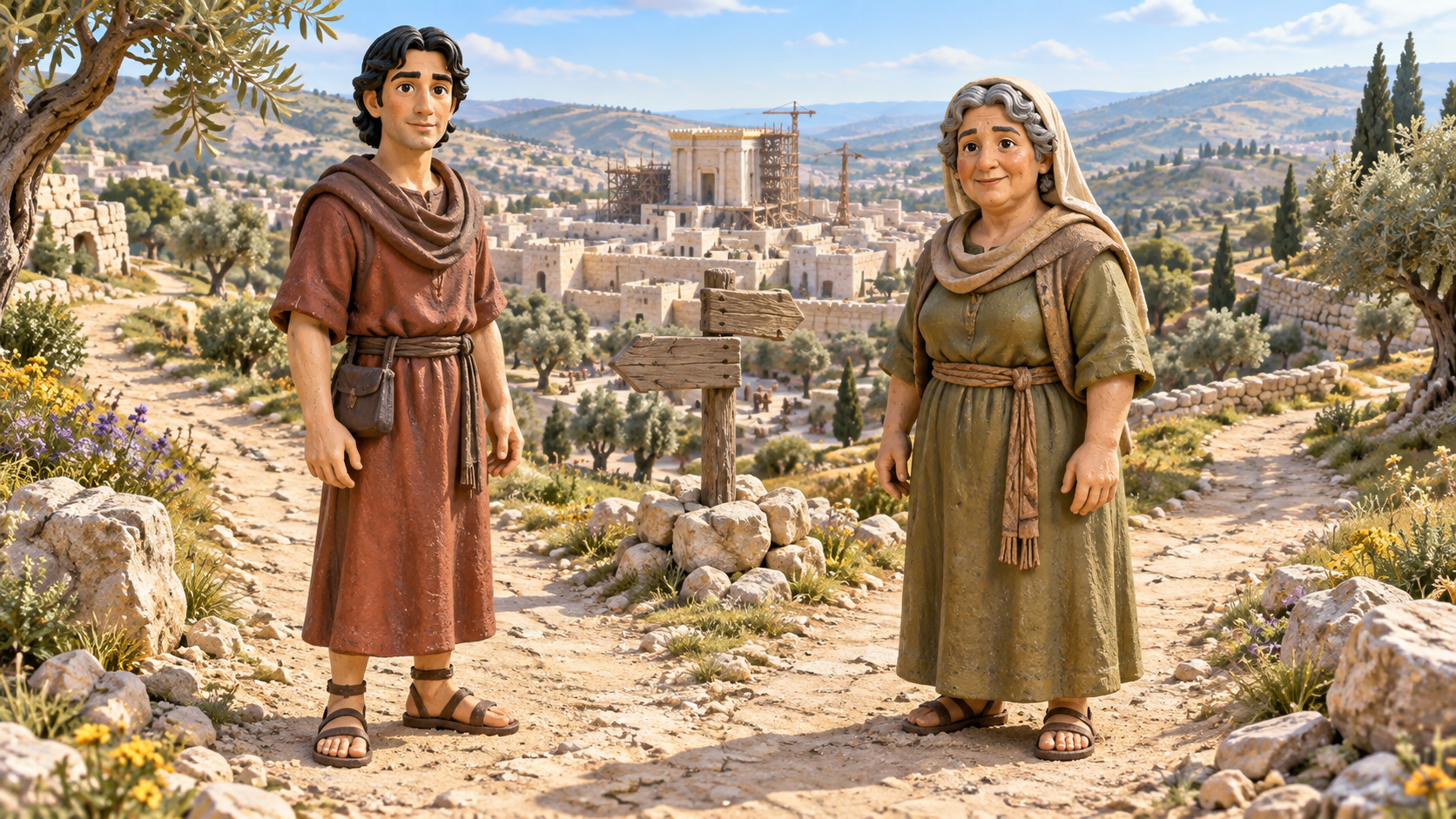 Two neighbors pause along an open path outside Jerusalem. Illustrated with hand-painted figurines.