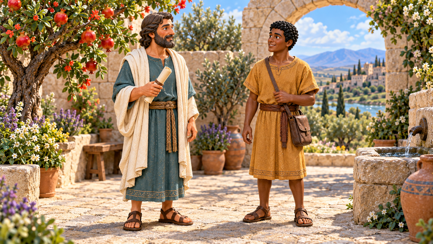 Gaius receives a letter in a garden. Illustrated with hand-painted figurines.