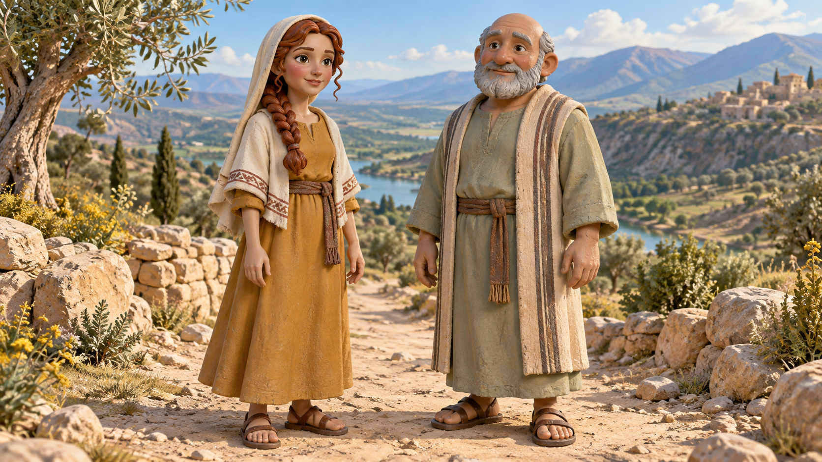 Two travelers pause on a path toward a bright valley. Illustrated with hand-painted figurines.