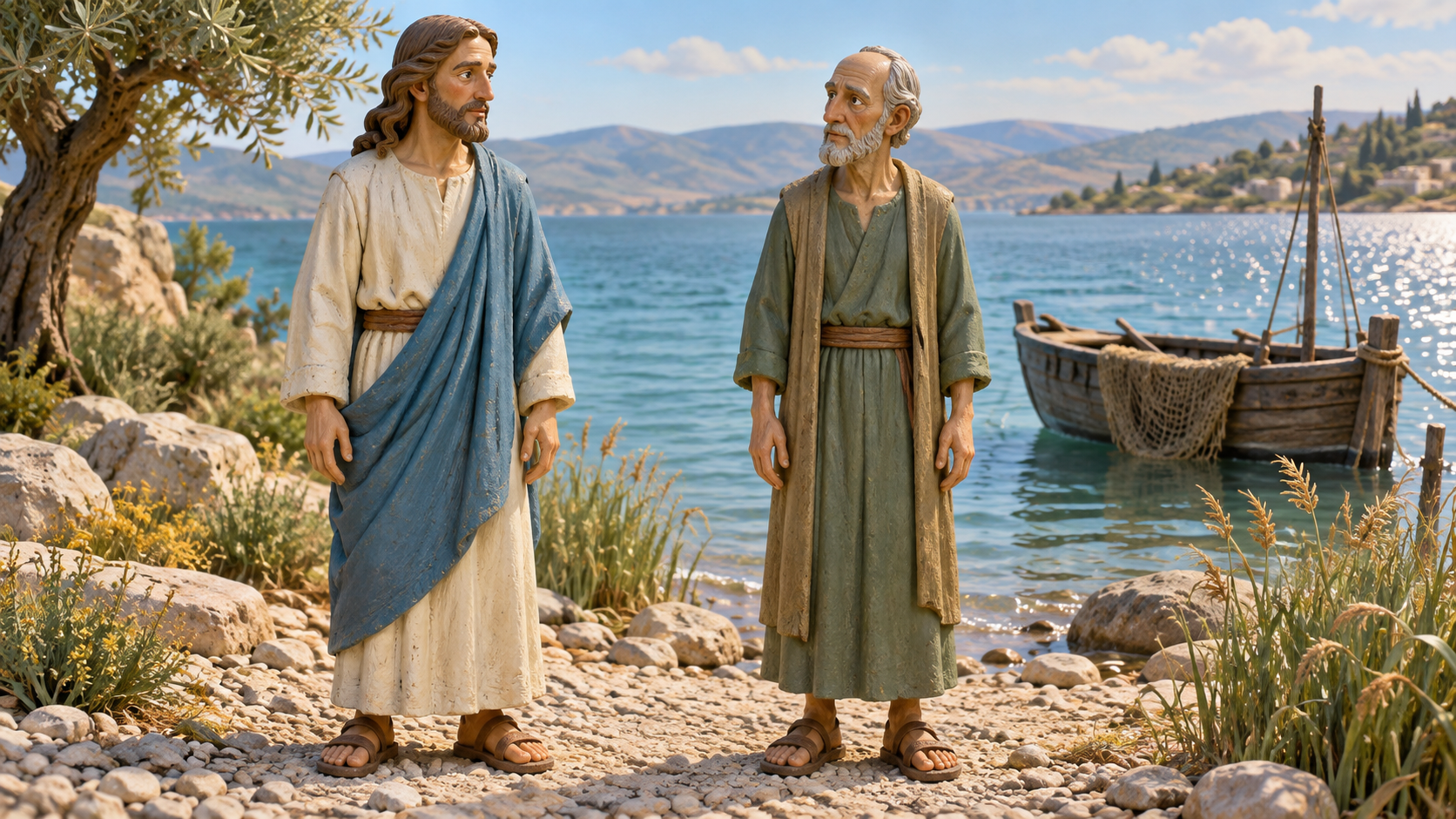 Jesus and an older listener stand beside an anchored fishing boat. Illustrated with hand-painted figurines.