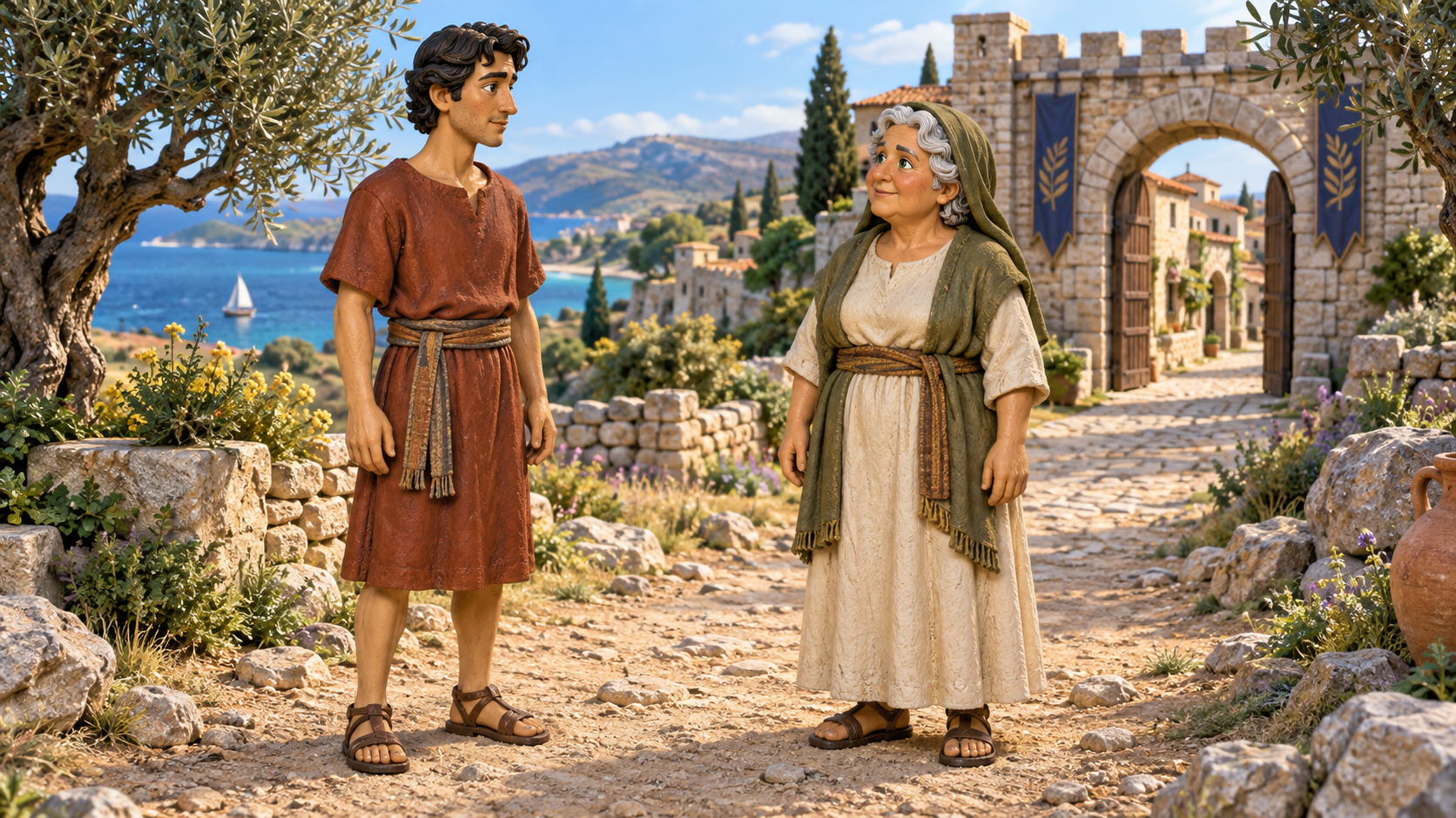 Two early-Christian neighbors pause on a path toward an open town gate. Illustrated with hand-painted figurines.