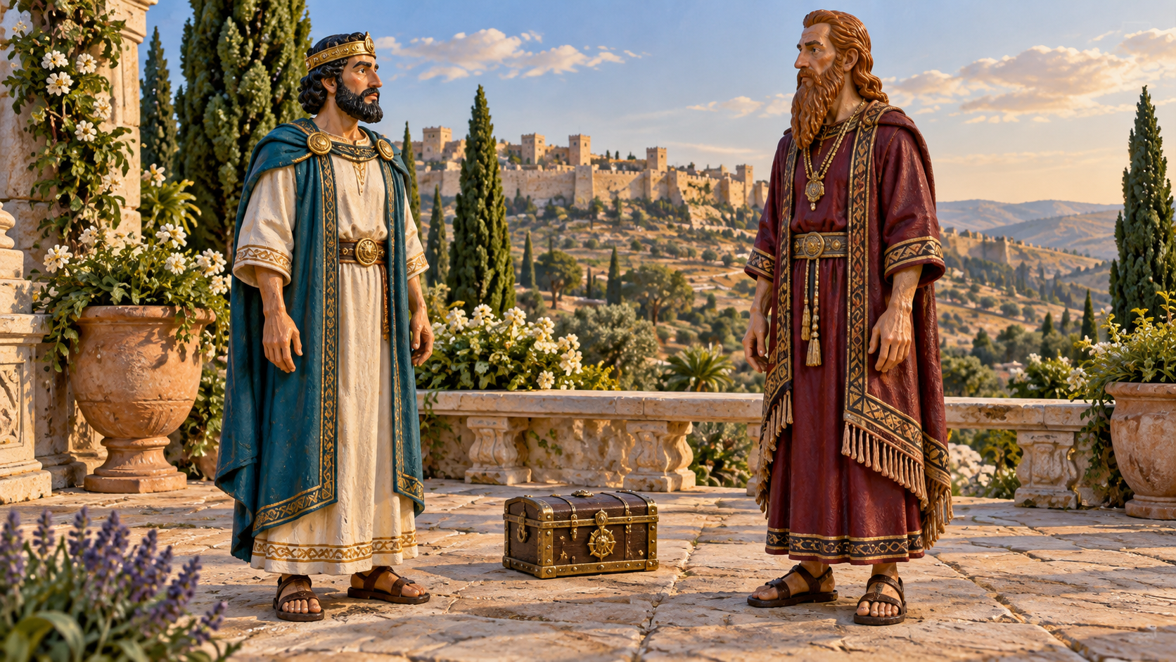 Asa stands with a foreign envoy in a royal garden. Illustrated with hand-painted figurines.