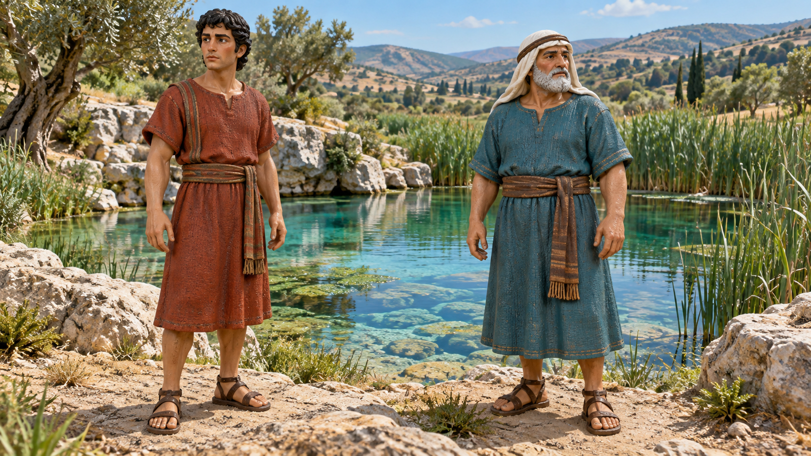 Two Israelite men pause beside the spring of Harod. Illustrated with hand-painted figurines.