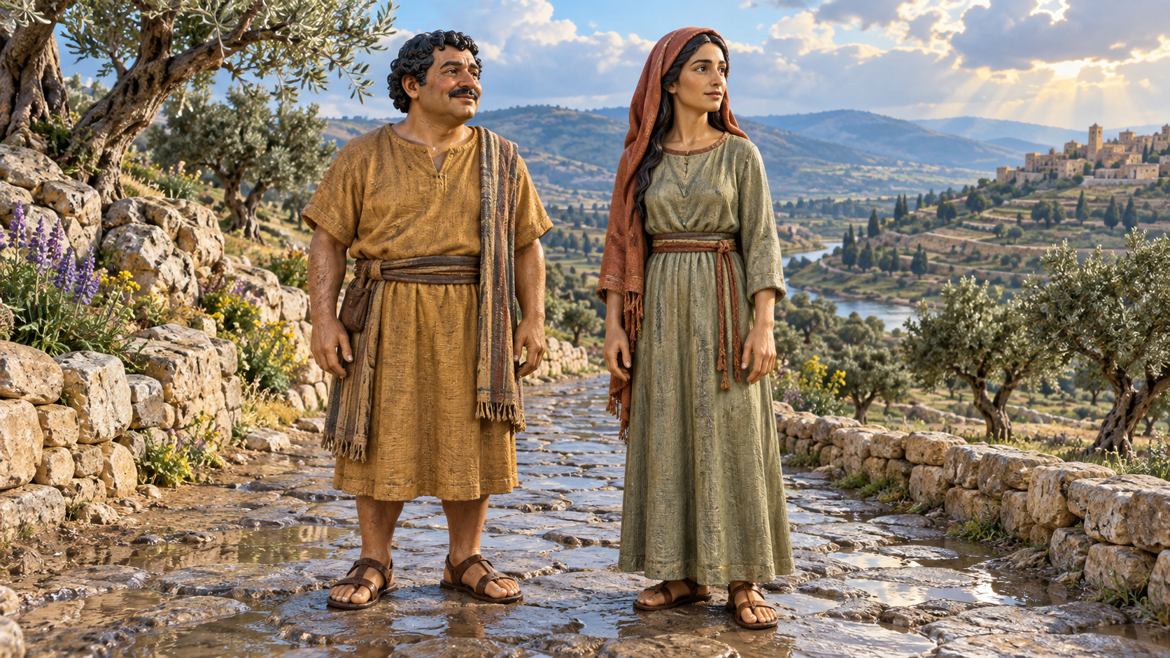 Two Judean neighbors stand on a road after passing rain. Illustrated with hand-painted figurines.