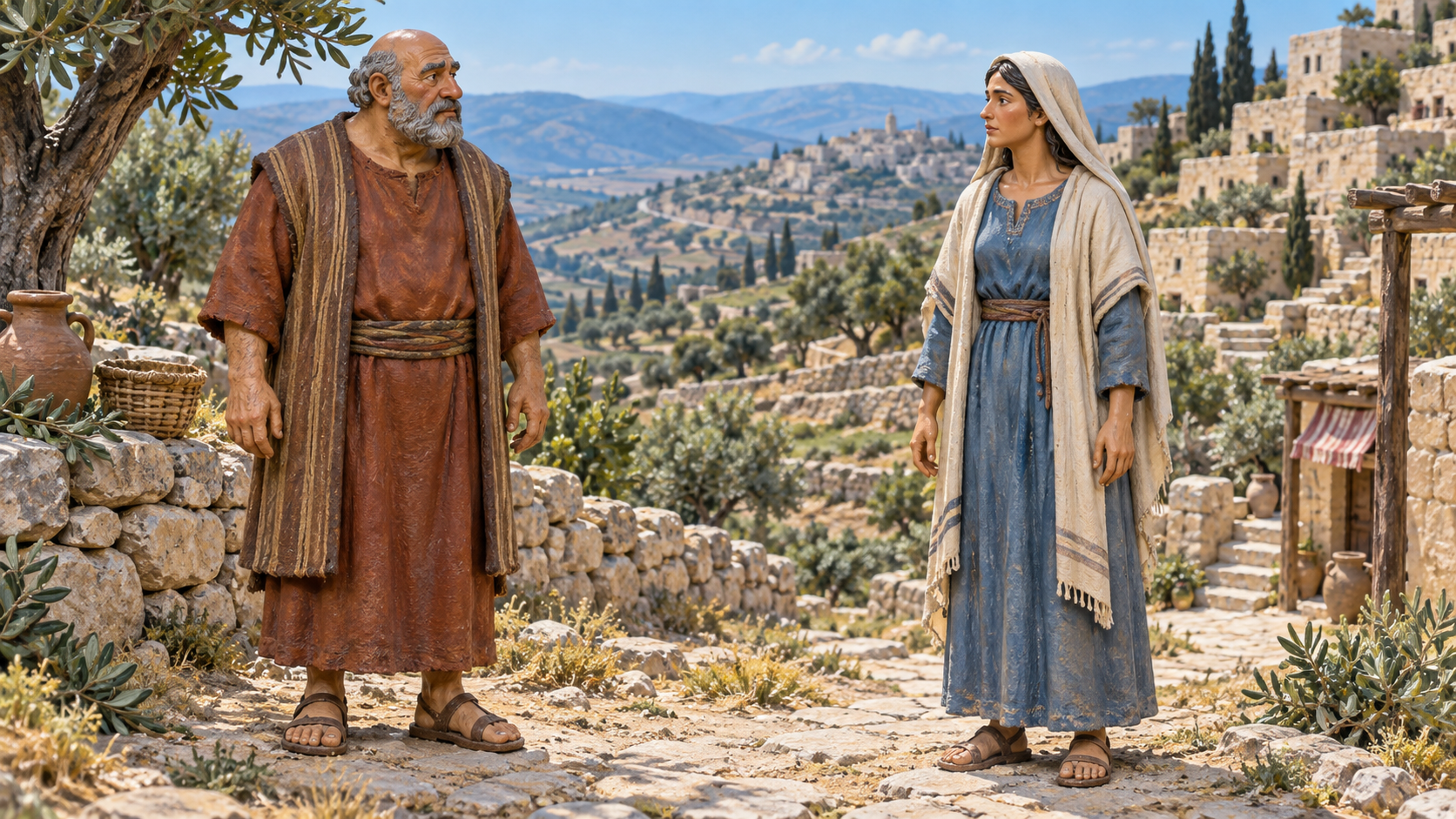 Two Judean neighbors pause on a village hillside. Illustrated with hand-painted figurines.