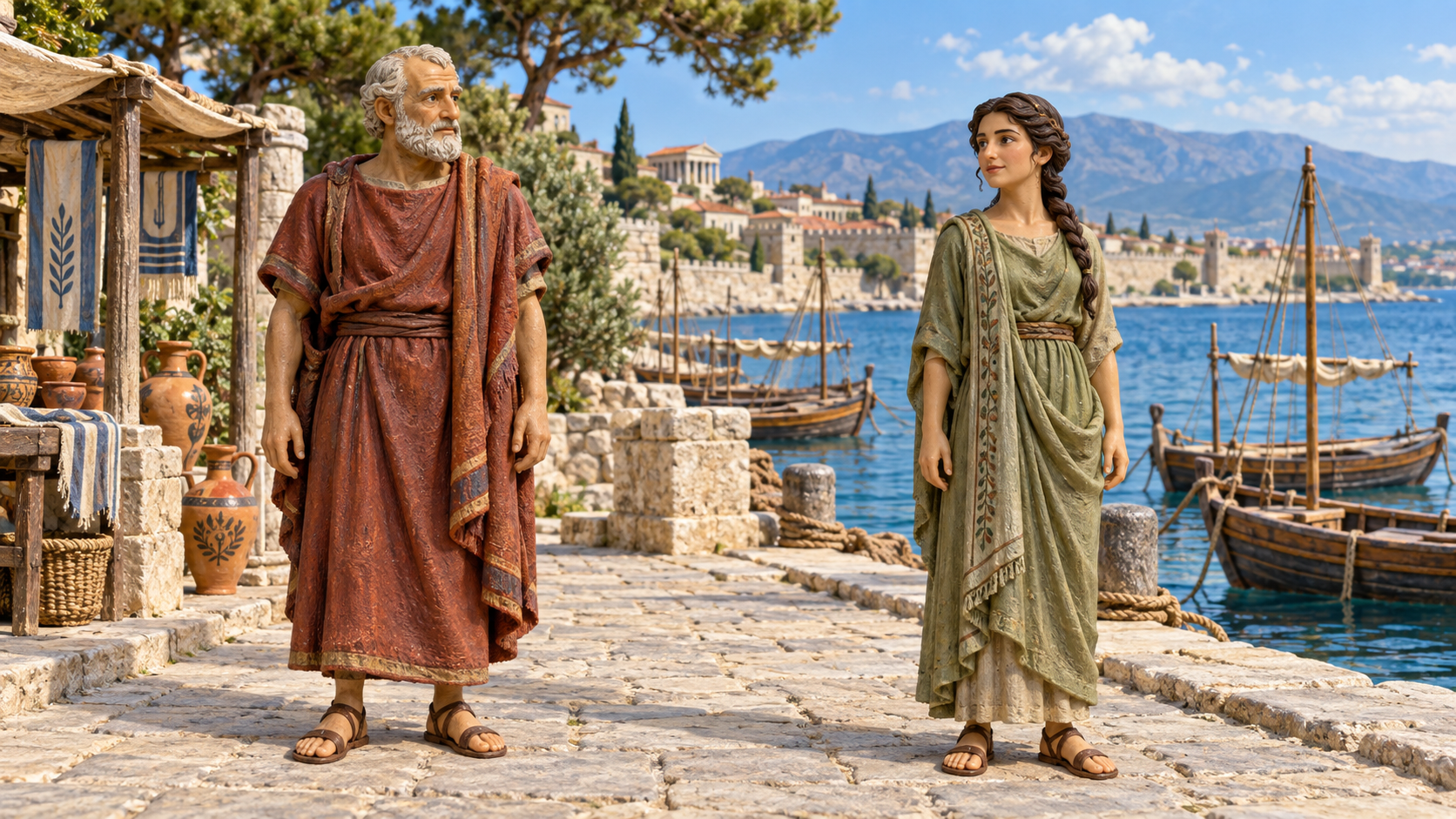 Two neighbors stand beside the ancient harbor. Illustrated with hand-painted figurines.