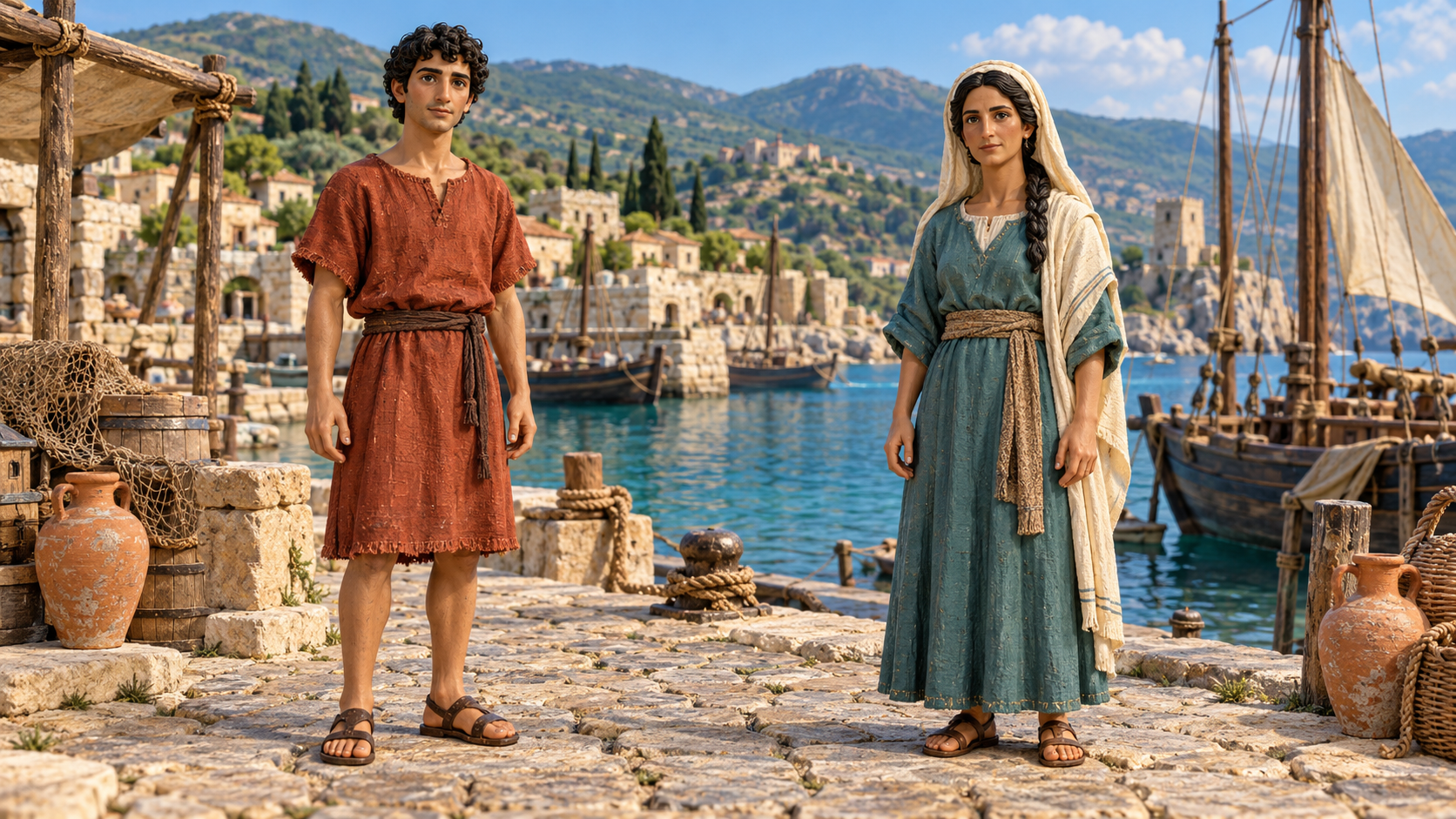 Two adults at an ancient harbor, illustrated as hand-painted museum figurines.