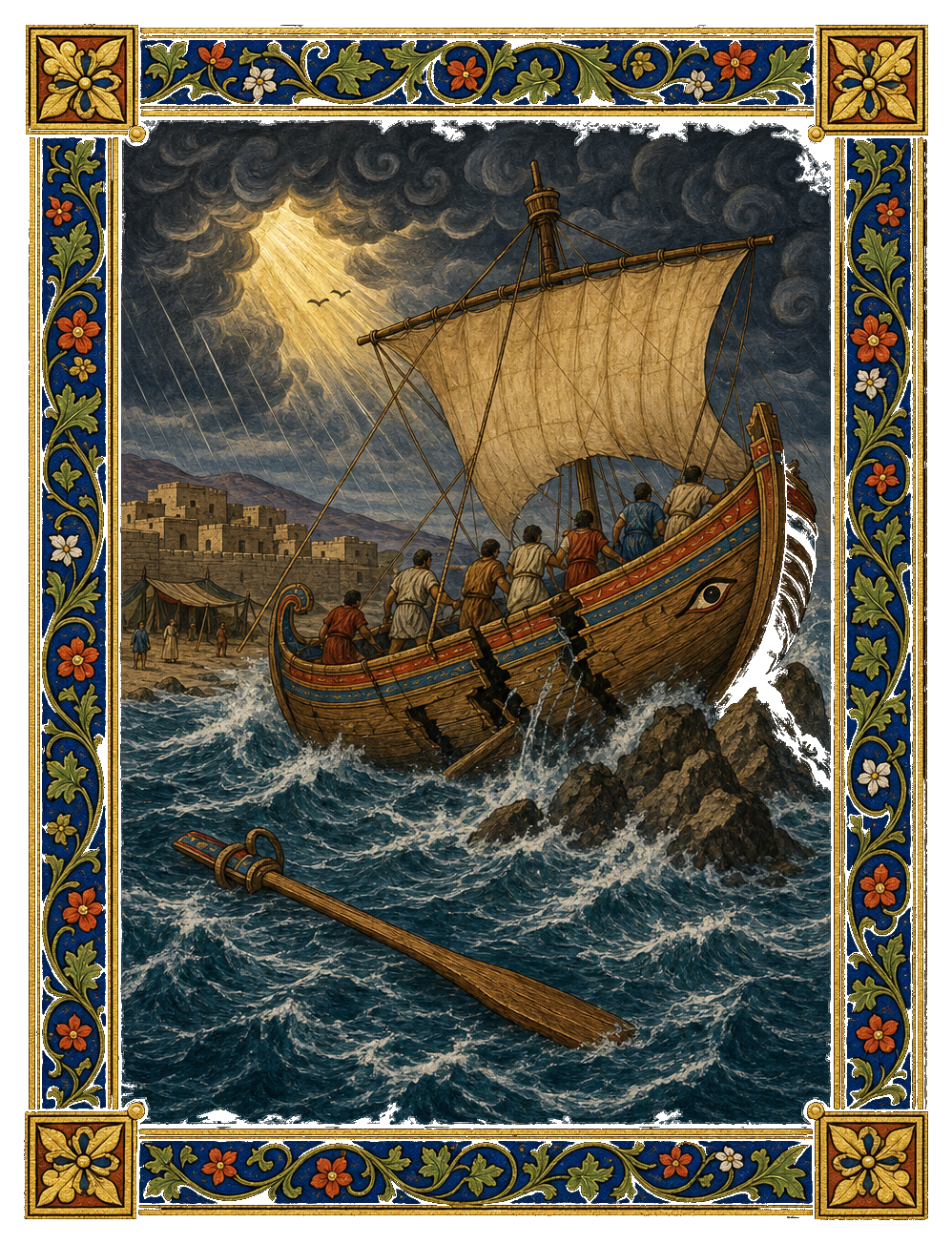Ancient wooden ship driven onto rocks, framed by an illuminated manuscript border