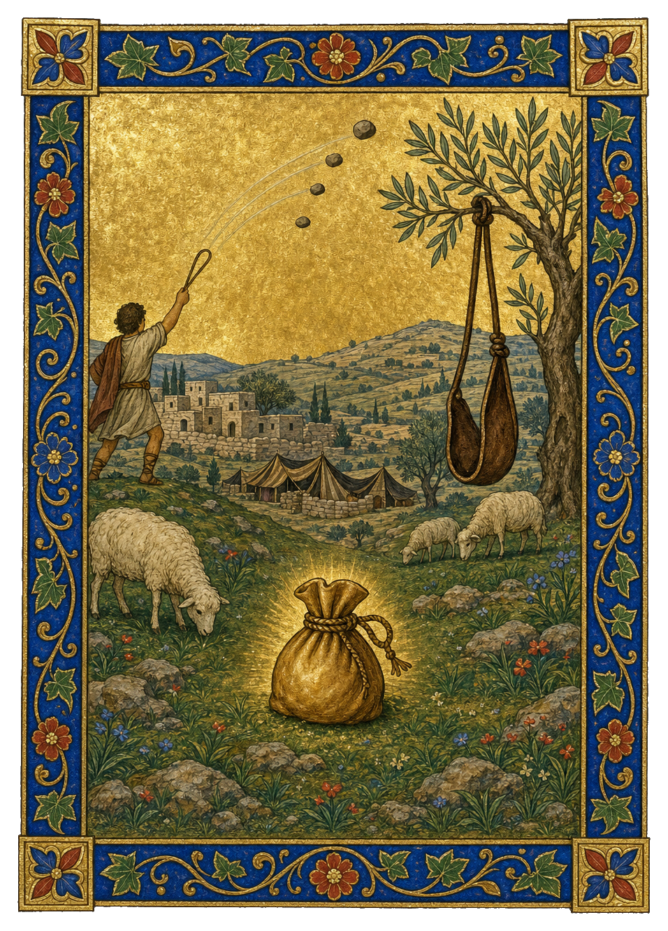 Illuminated artwork of a tied pouch and an open sling above ancient hills