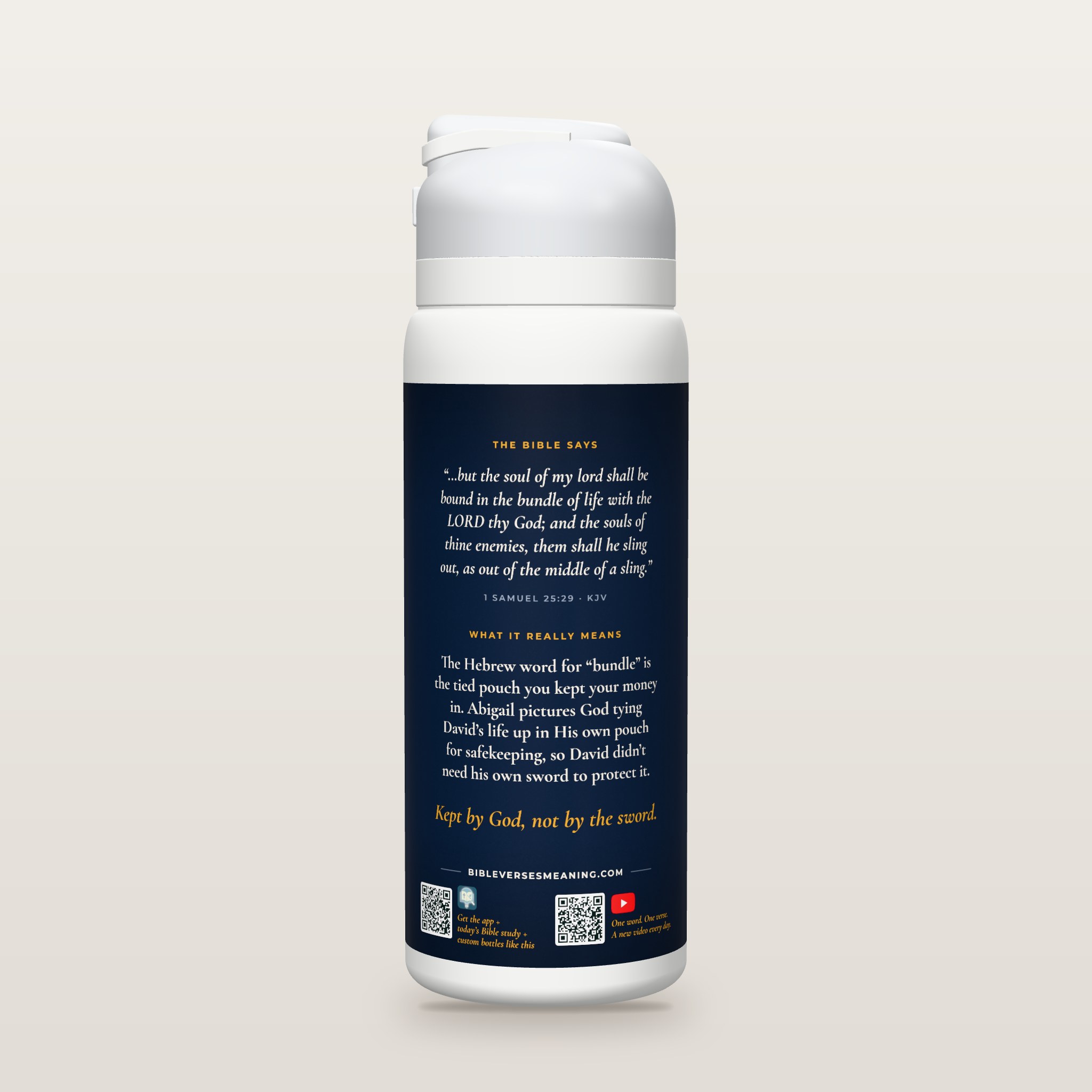 Back of the bottle with 1 Samuel 25:29, the word meaning and QR codes