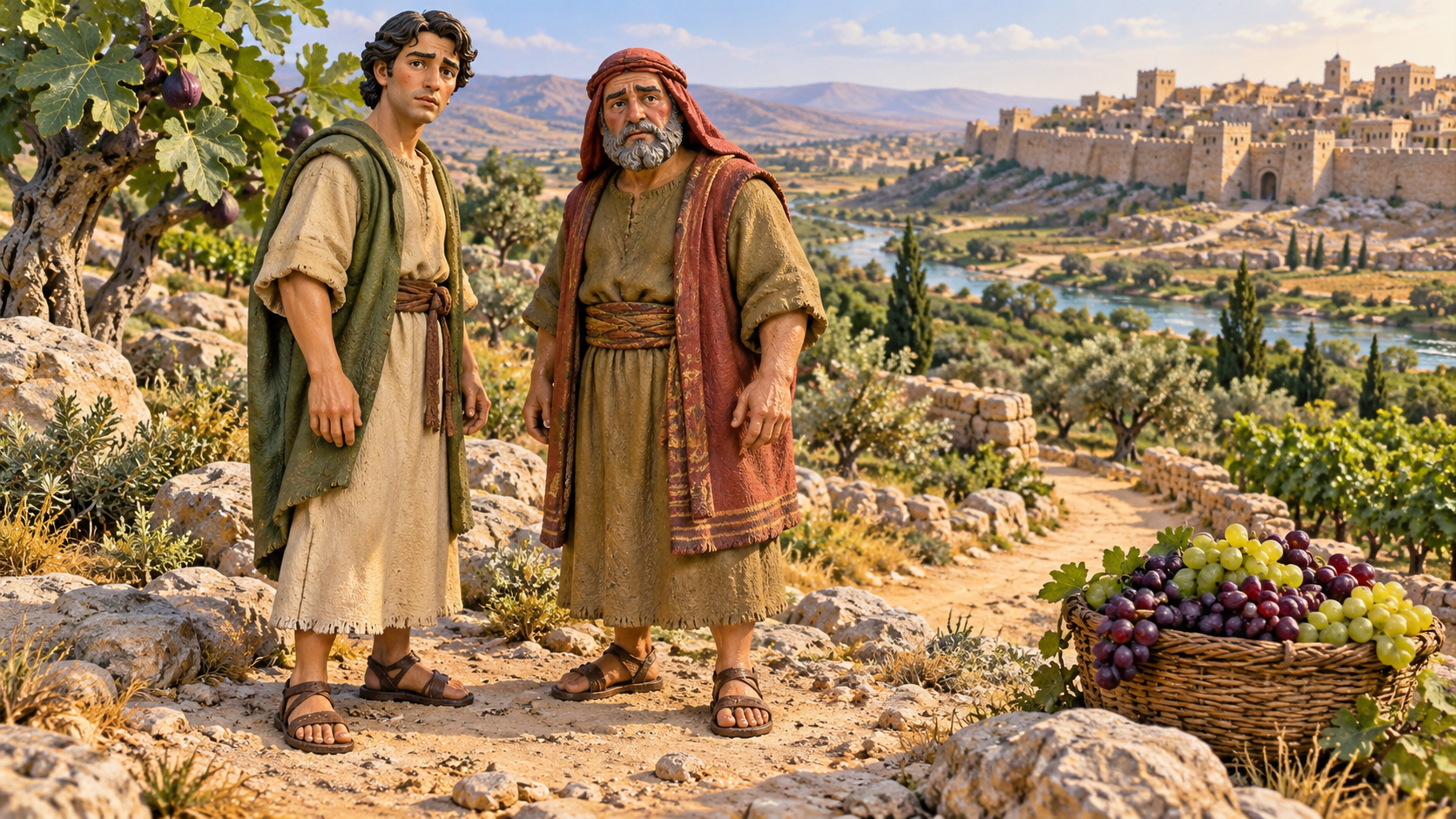 Two Israelite scouts stand on a ridge overlooking Canaan, illustrated as hand-painted museum figurines.