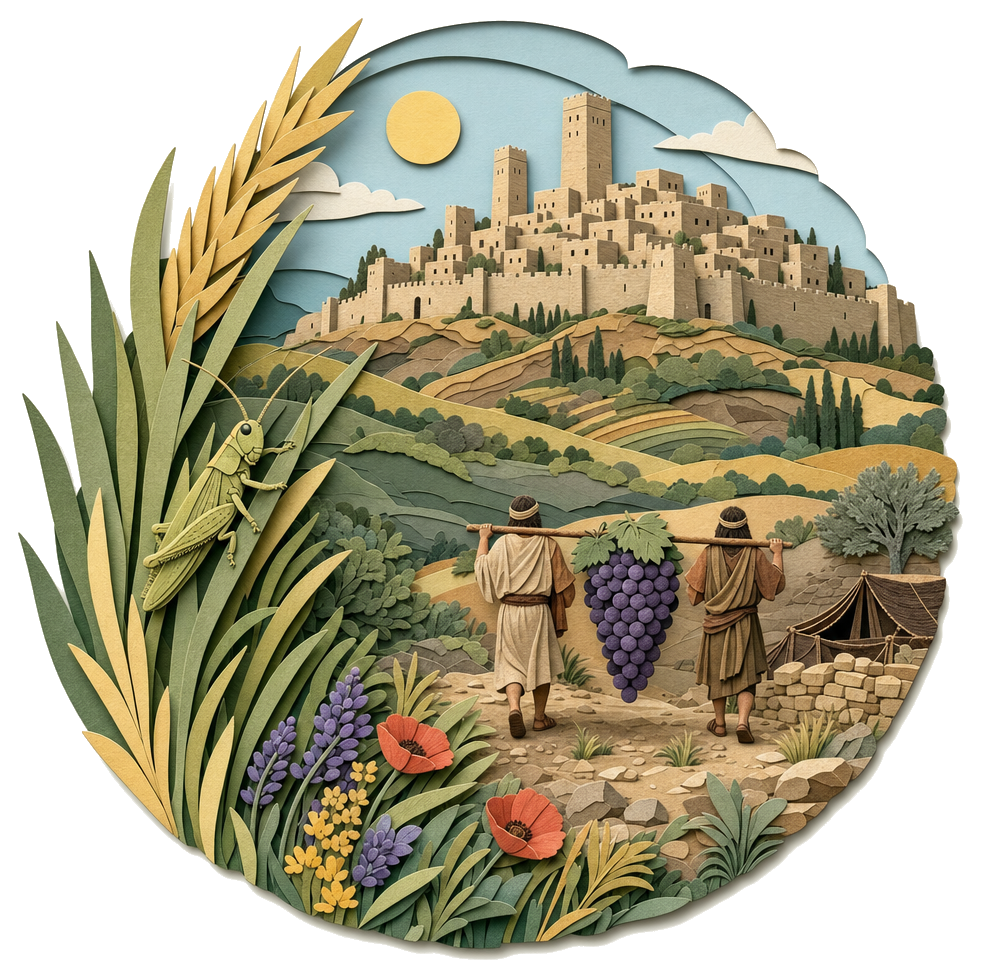 Layered cut-paper artwork of a grasshopper on wild grass, with scouts and a distant city