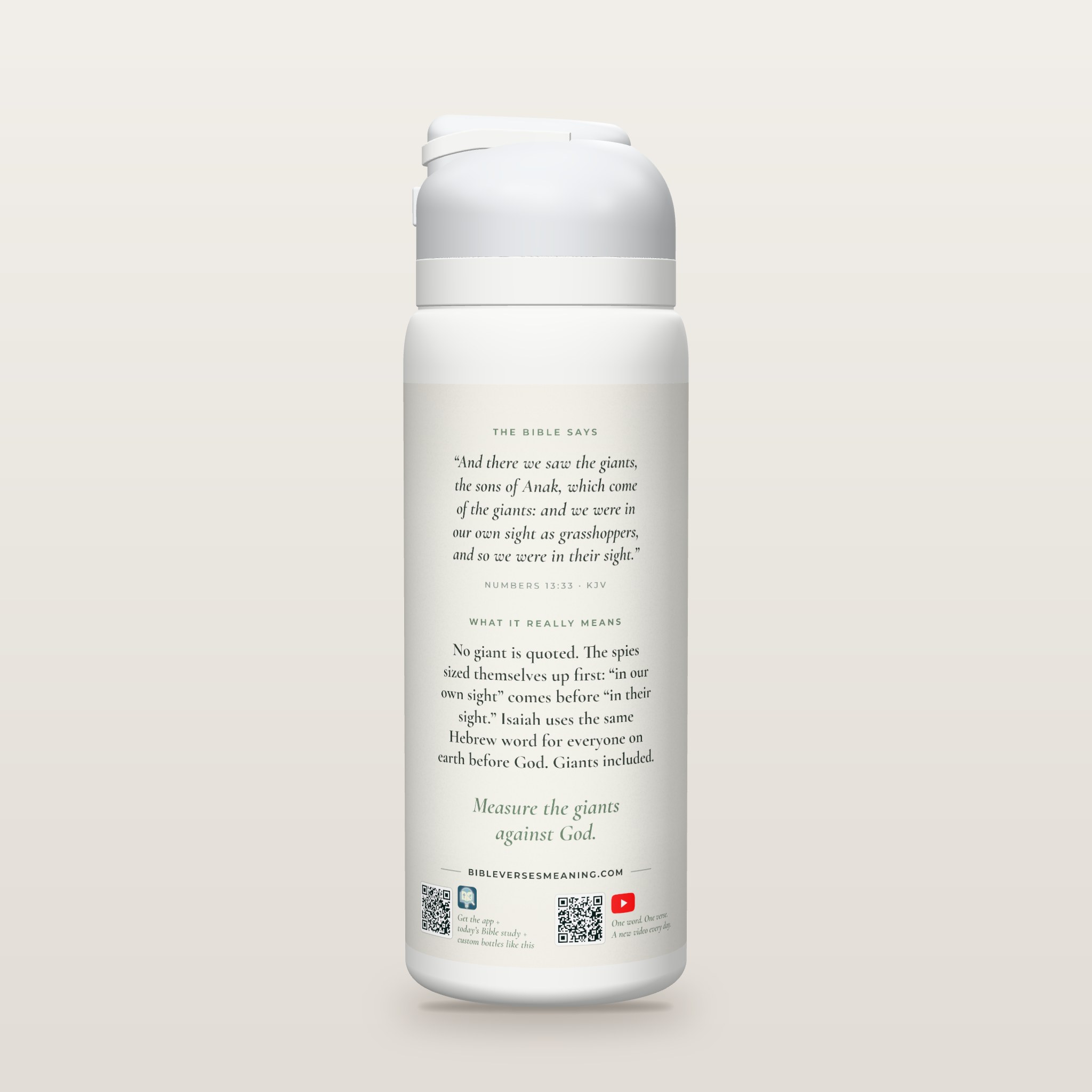 Back of the bottle with Numbers 13:33, the word meaning and QR codes