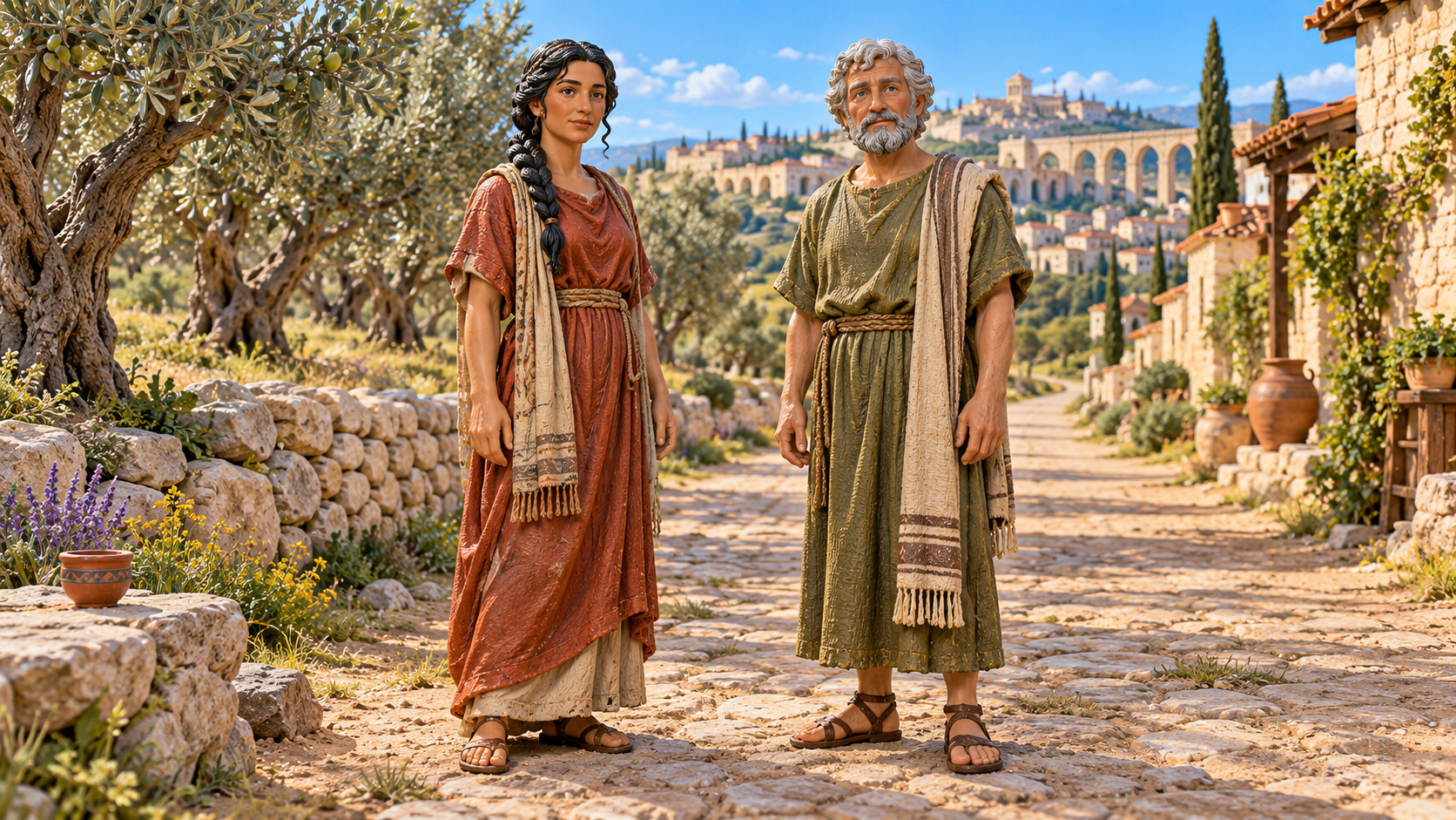 Two early Christian believers on a sunlit road outside Rome, illustrated as hand-painted museum figurines.