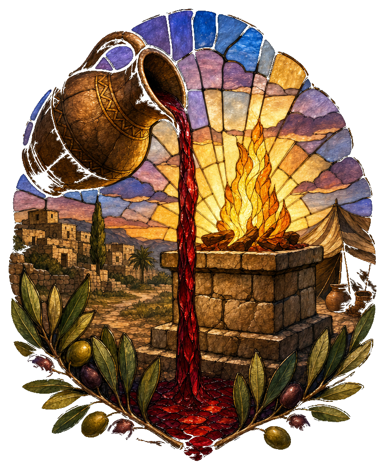Stained-glass artwork of an ancient pitcher pouring wine beside an altar