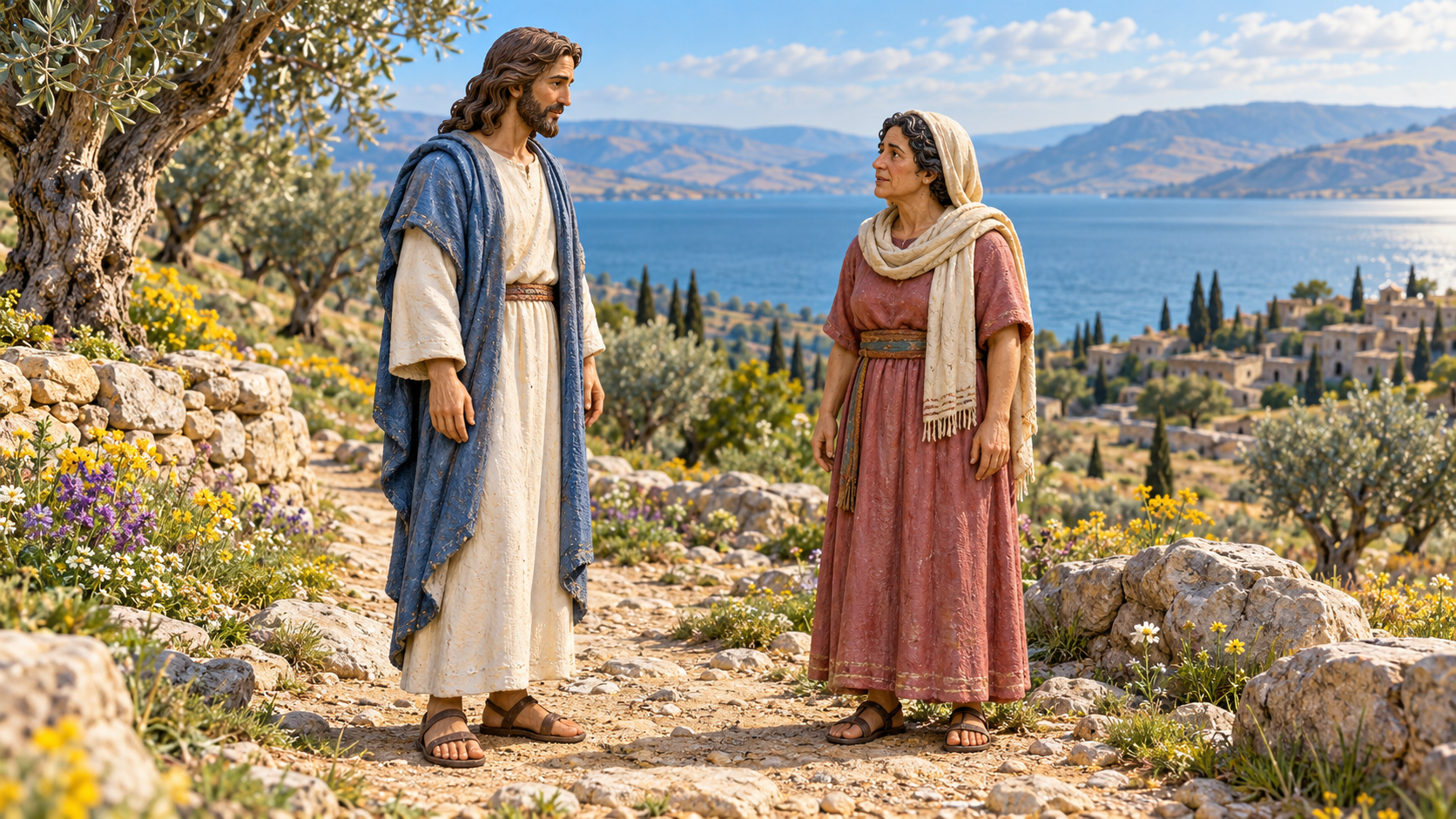 Jesus and a weary listener on a Galilean hillside, illustrated as hand-painted museum figurines.