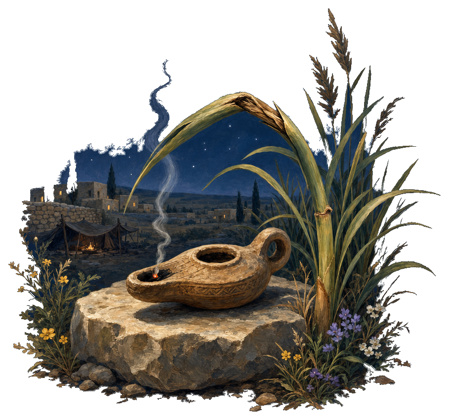 Gouache artwork of a smoldering clay lamp and bruised reed under a starry sky
