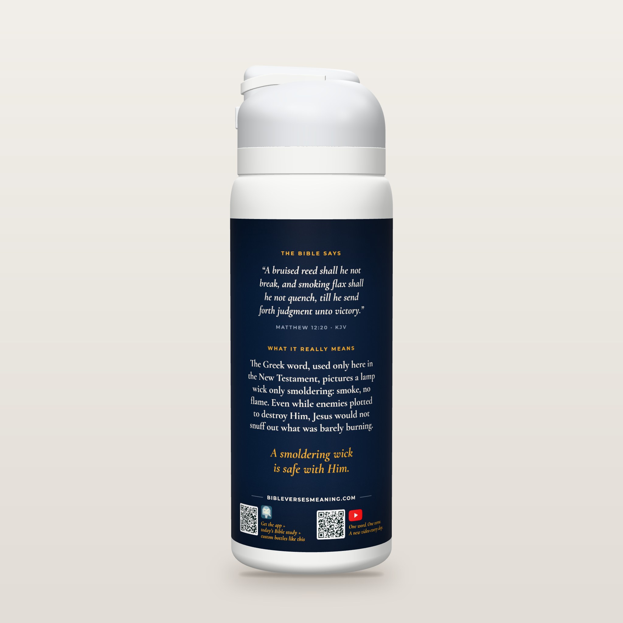 Back of the bottle with Matthew 12:20, the word meaning and QR codes