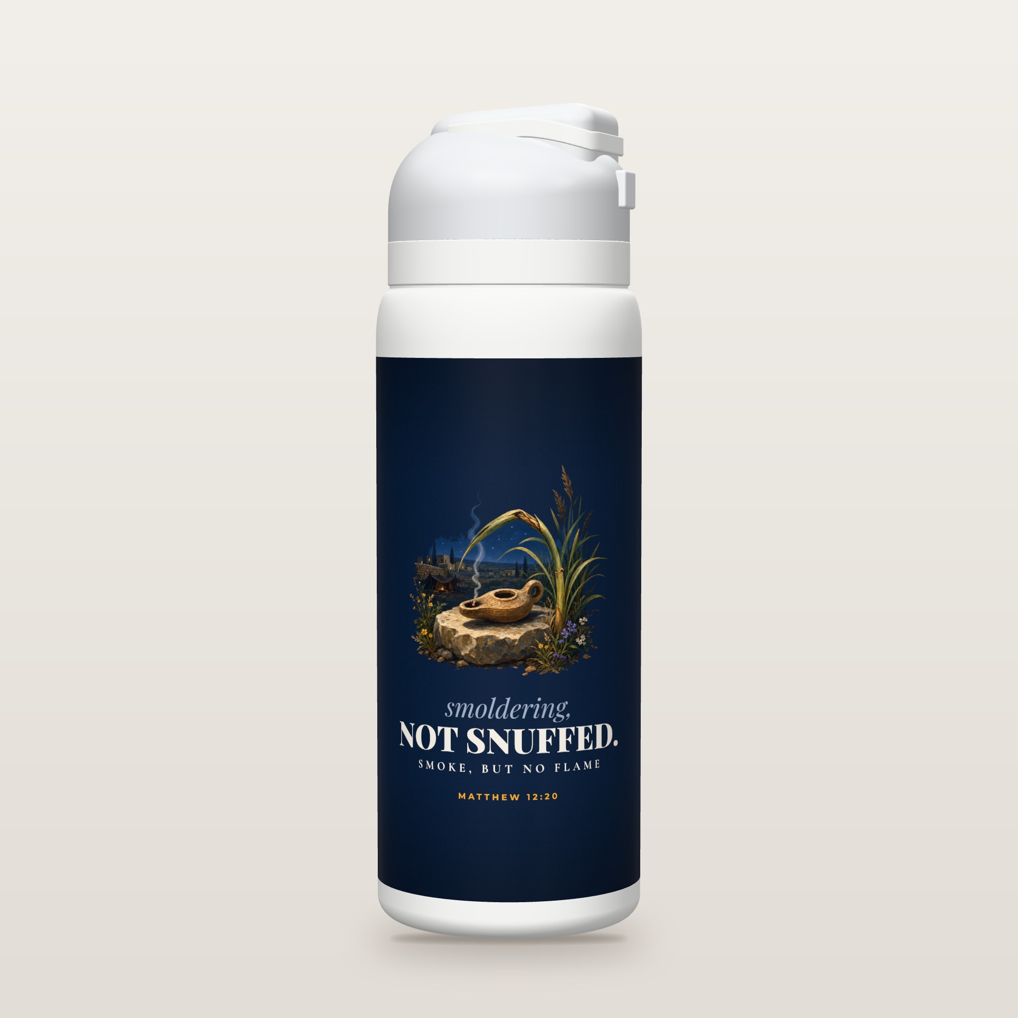 Front of the smoldering, NOT SNUFFED. bottle